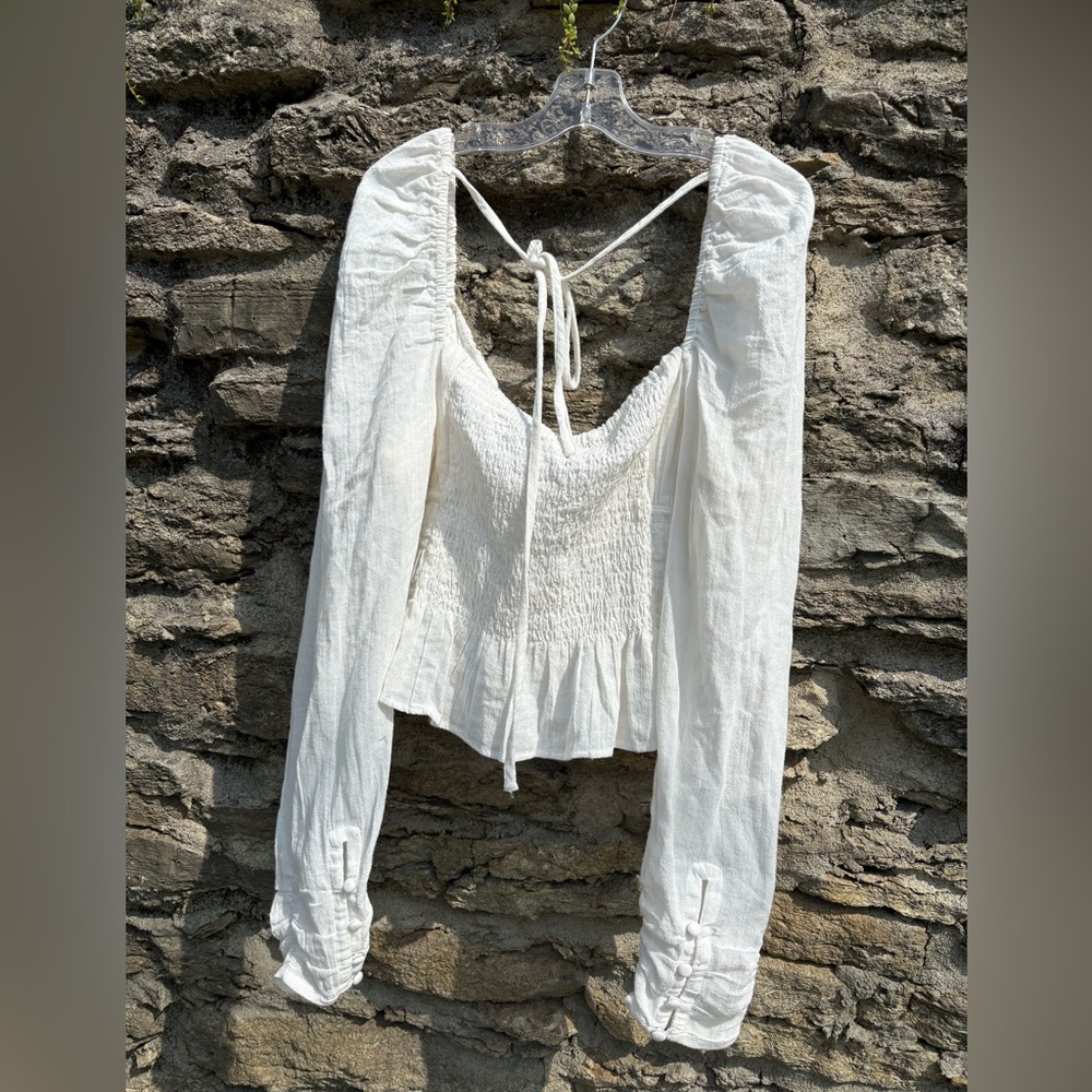 Free People White Puff Sleeve Smocked Blouse